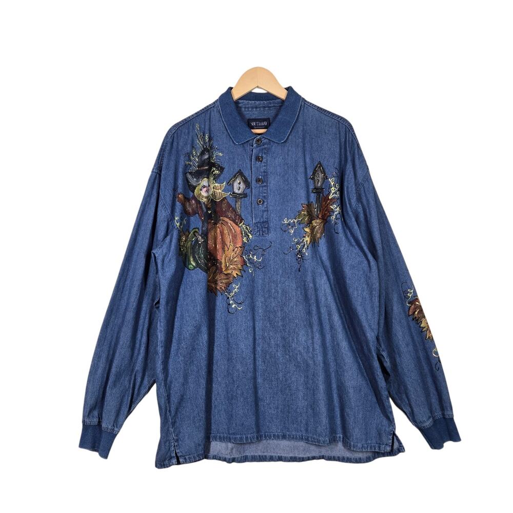Vintage 90s South Bay Denim Shirt Mens XXL Blue Pumpkin Scarecrow Halloween